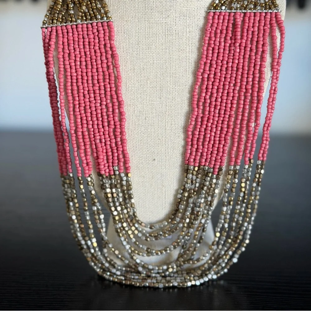 Multi-Strand Blue, Pink and Gold Beaded Statement Necklace - Picture 7 of 7